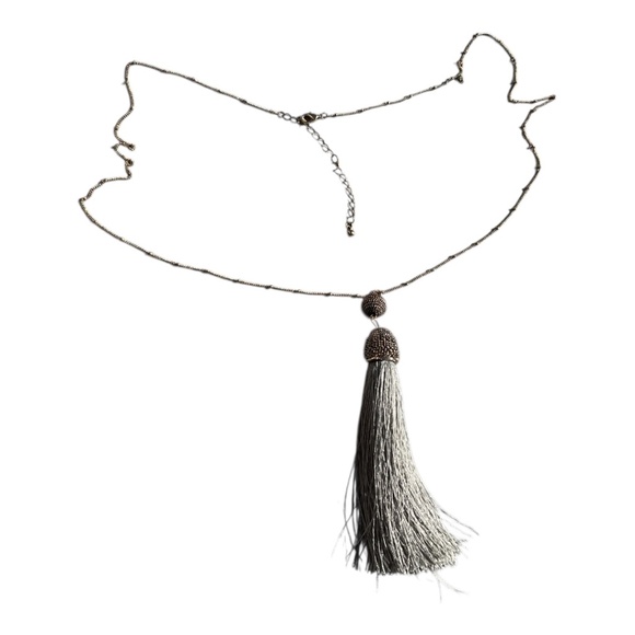 Tassel Necklace Gray and Goldtone 32” long dainty chain - Picture 6 of 6
